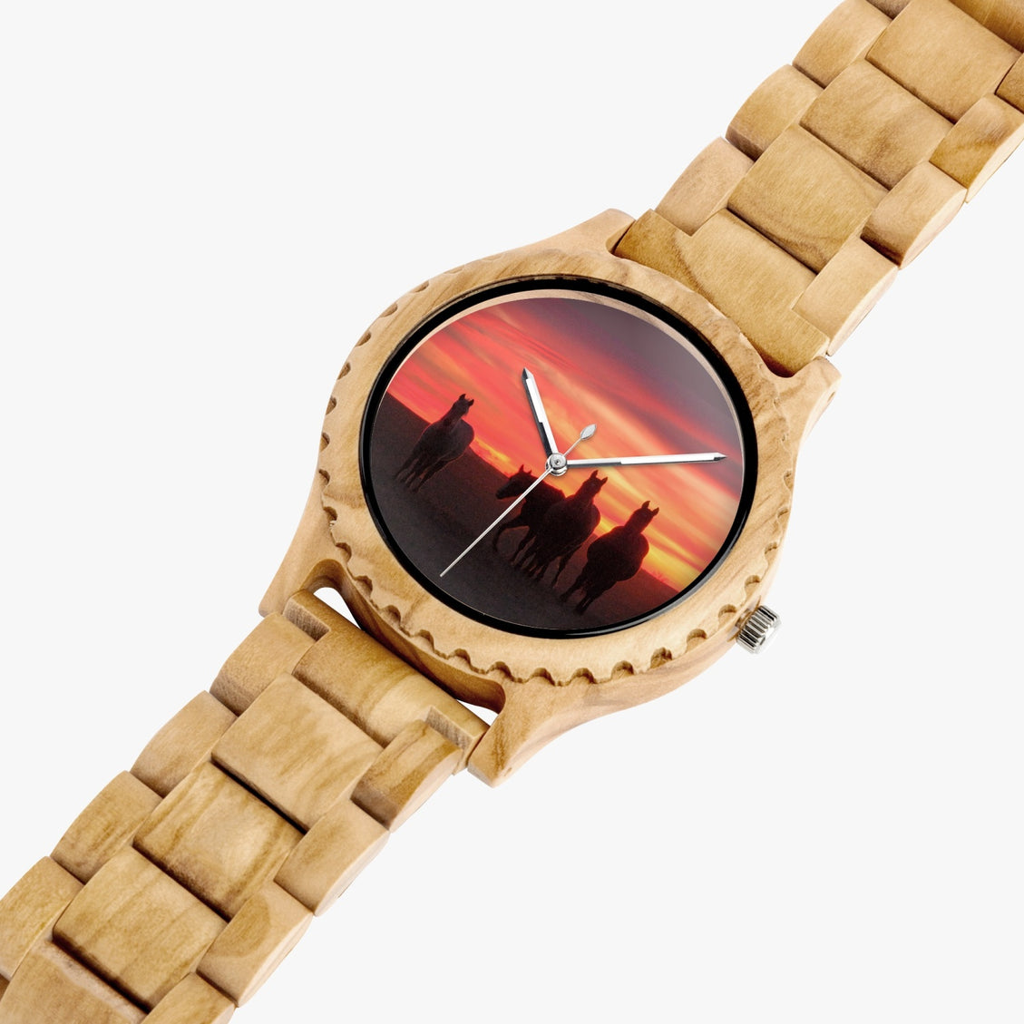 Wooden Watch Italian Olive Horses Four Sunrise