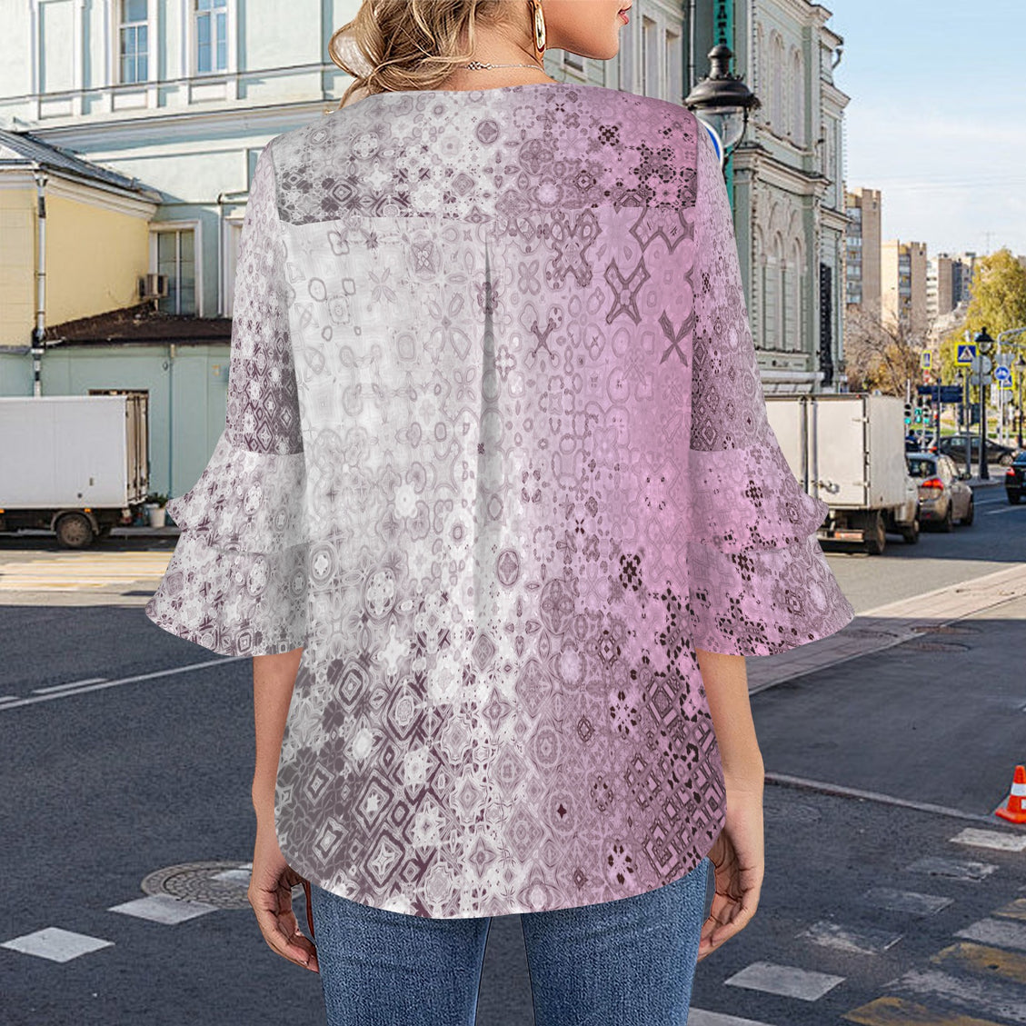 Layered Flare Sleeve Blouse Pink Glass Ombre
