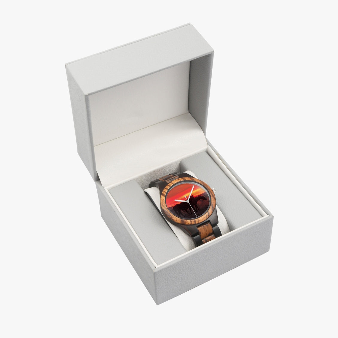 Wooden Watch Indian Ebony Horses Red Sunrise
