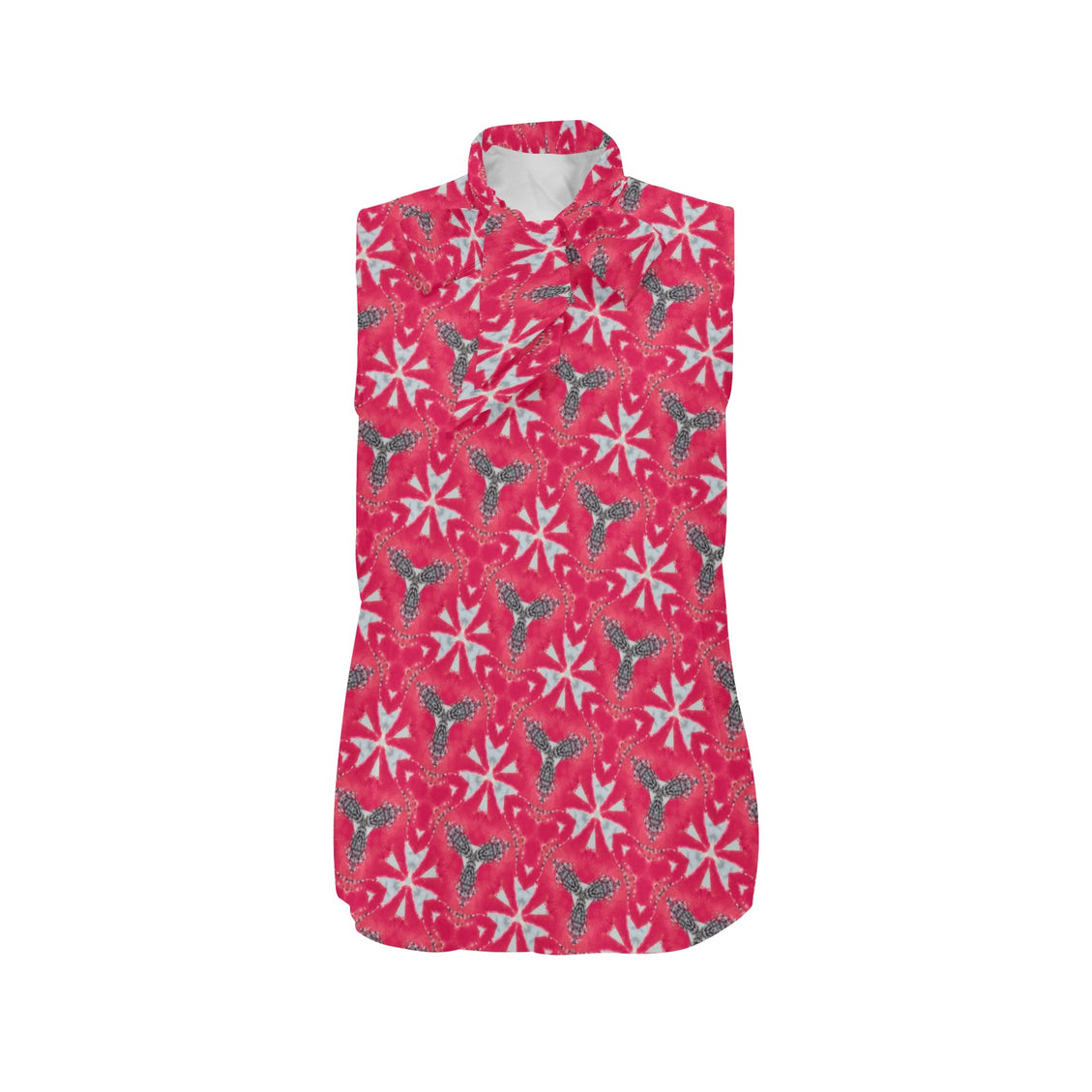 Bow Tie V Neck Sleeveless Blouse Red and Gray Fan