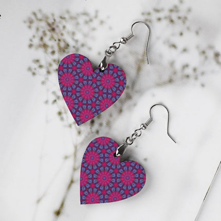 Wooden Heart Earrings Fuchsia and Blue