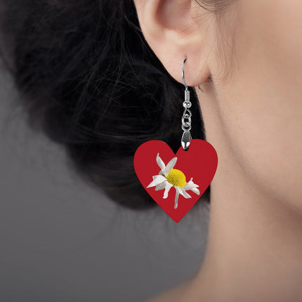 Wooden Heart Earrings Daisy Red