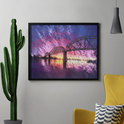 Design Diamond Painting 20"×16"(Horizontal) Sunset on the Train Bridge Missouri River