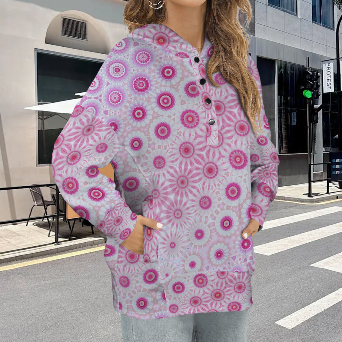 V Neck Pocket Hoodie Peonies