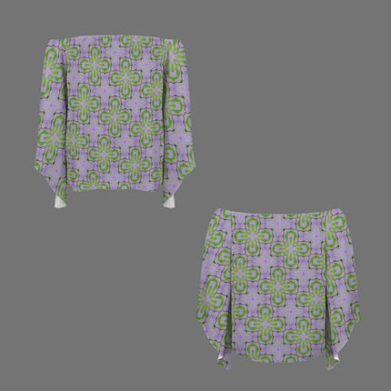 Trumpet Sleeve Blouse Purple Green Graphic