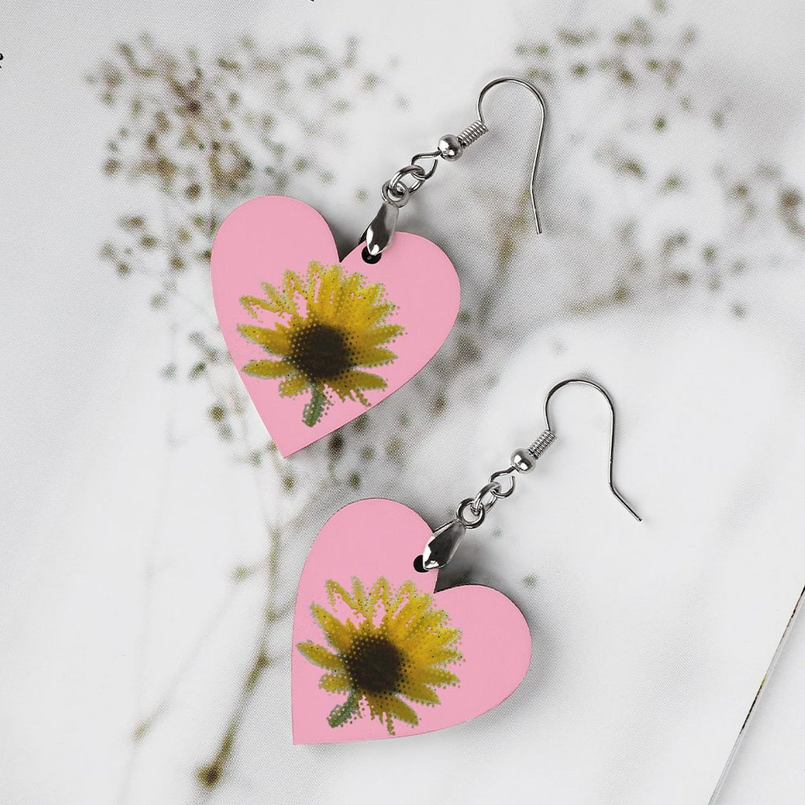 Wooden Heart Earrings Sunflower Pink