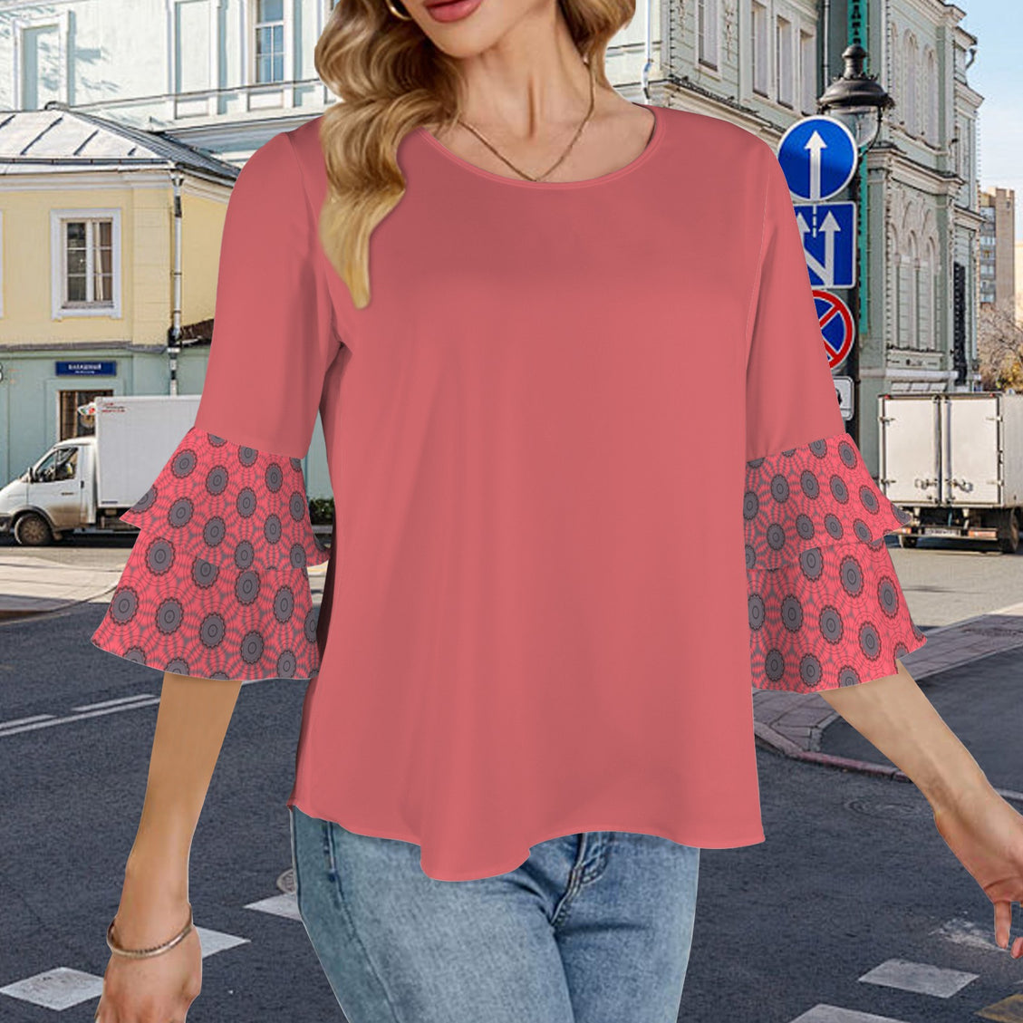 Layered Flare Sleeve Blouse Sunset Red