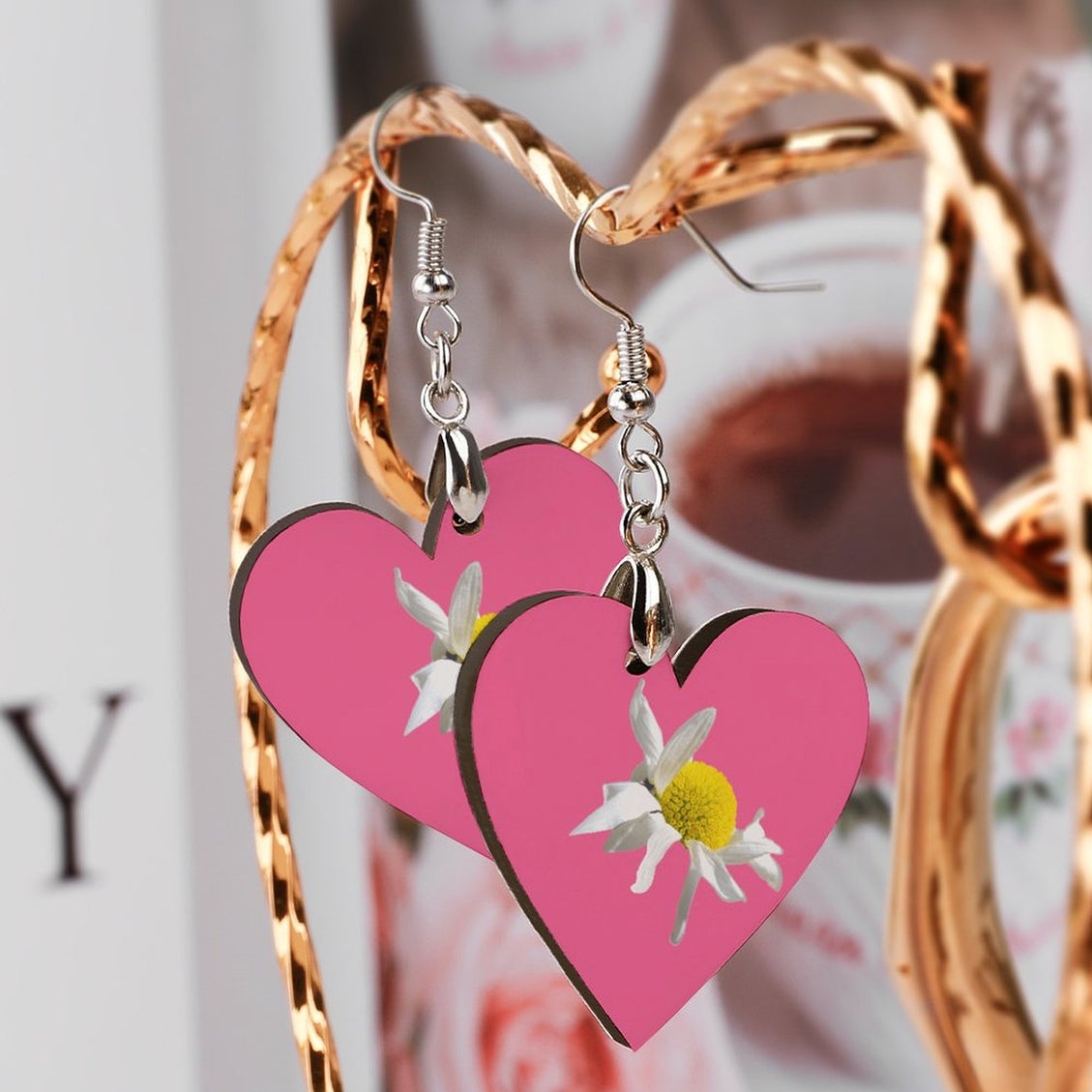 Wooden Heart Earrings Daisy Pink