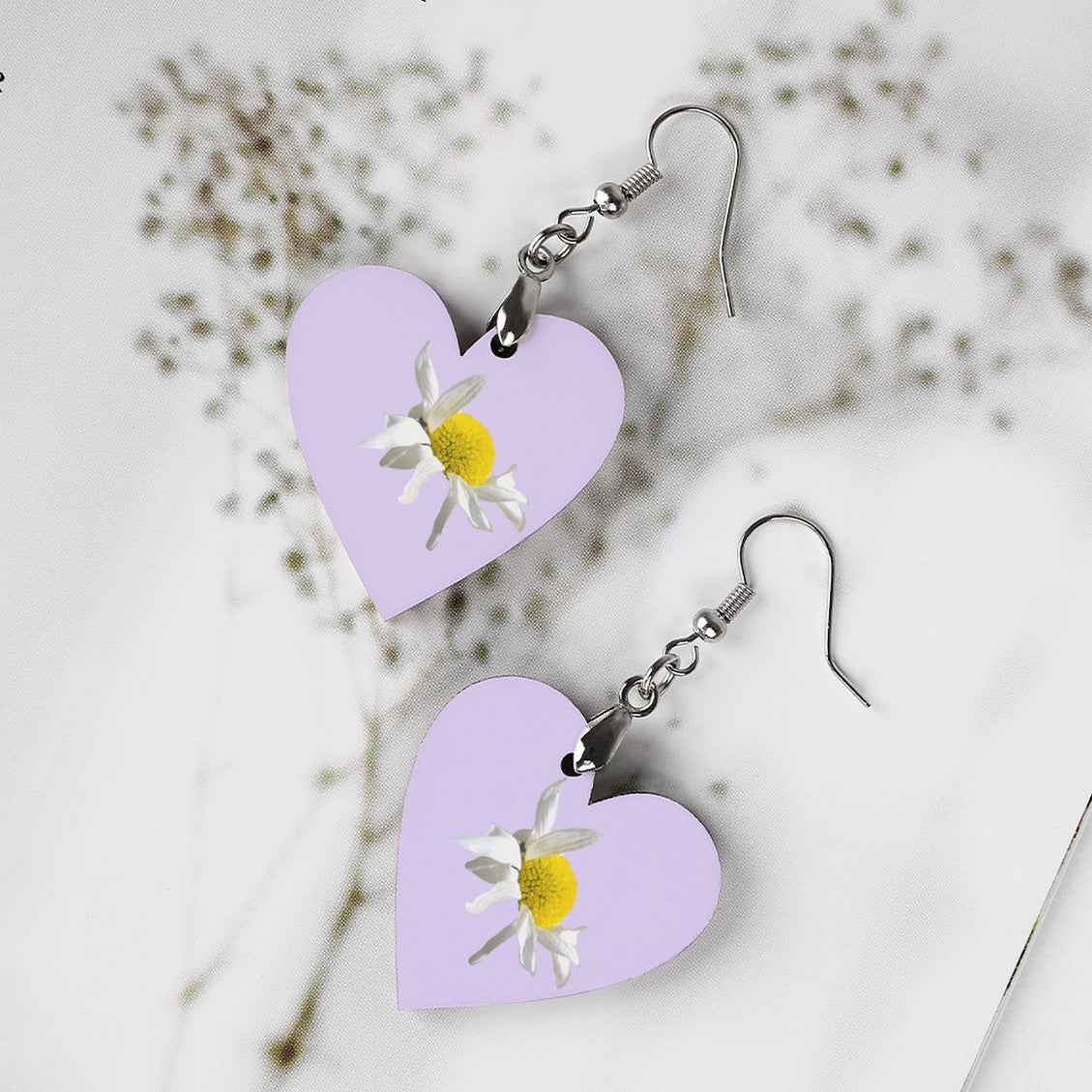Wooden Heart Earrings Daisy Lilac