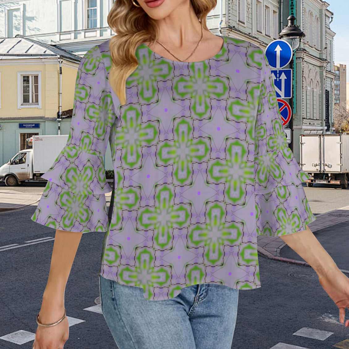 Flare Sleeve Blouse Lavendar Flowers