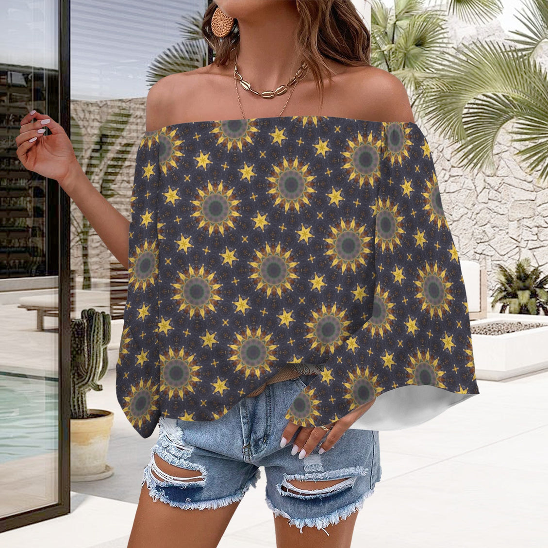 Trumpet Sleeve Blouse Sunflowers Purple Sunset