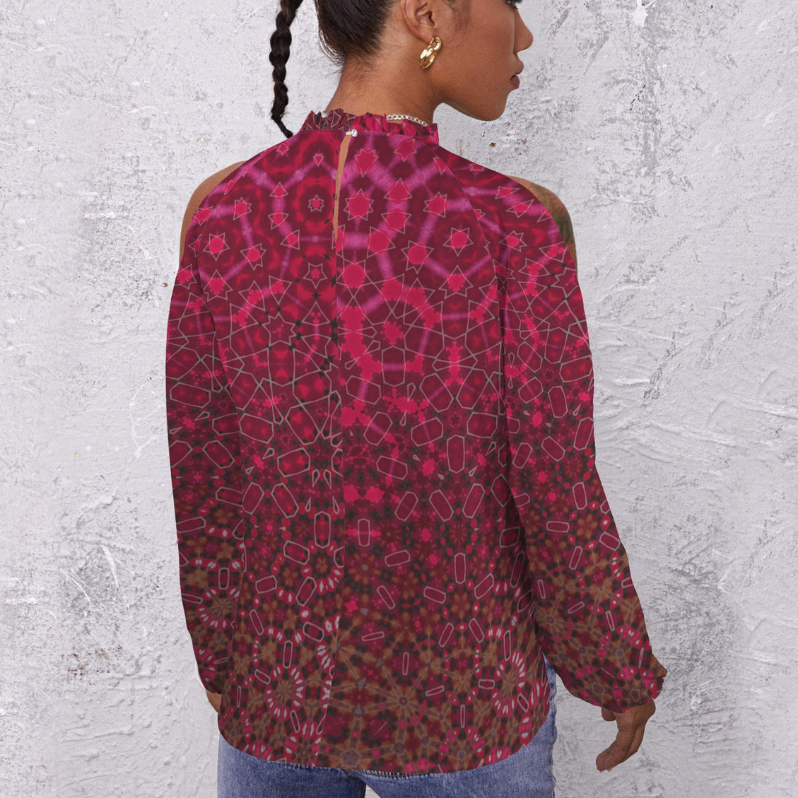 Long Slit Sleeve Blouse Red Leaves