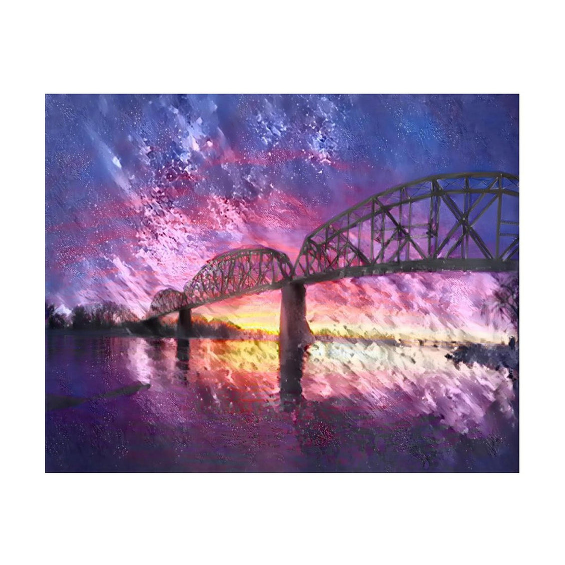 Design Diamond Painting 20"×16"(Horizontal) Sunset on the Train Bridge Missouri River