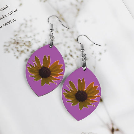 Wooden Oval Earrings Wild Sunflower Fuchsia