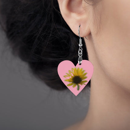 Wooden Heart Earrings Sunflower Pink