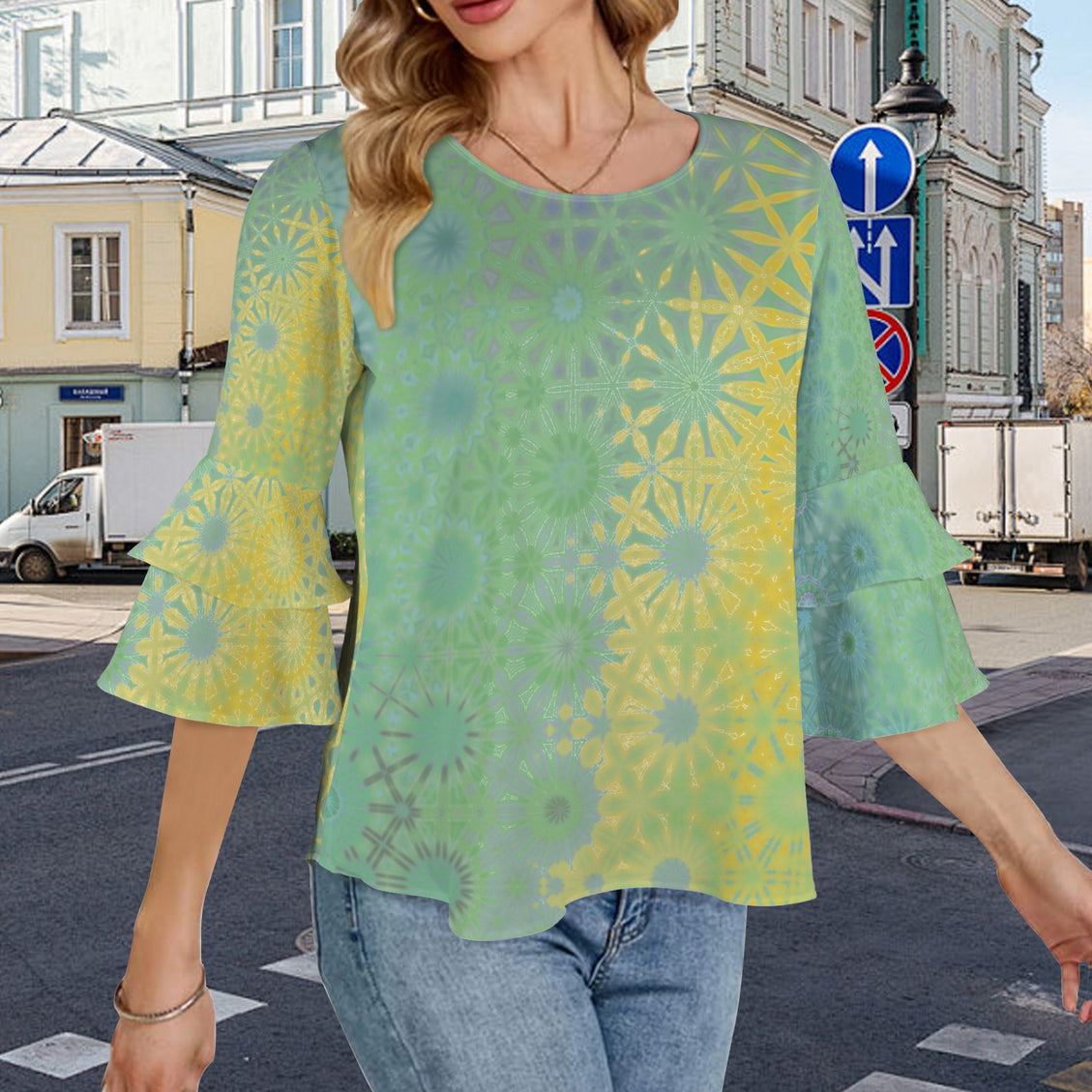 Layered Flare Sleeve Blouse Yellow Coneflowers Abstract