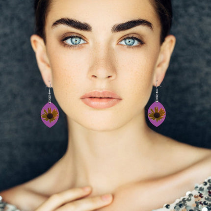 Wooden Oval Earrings Wild Sunflower Fuchsia