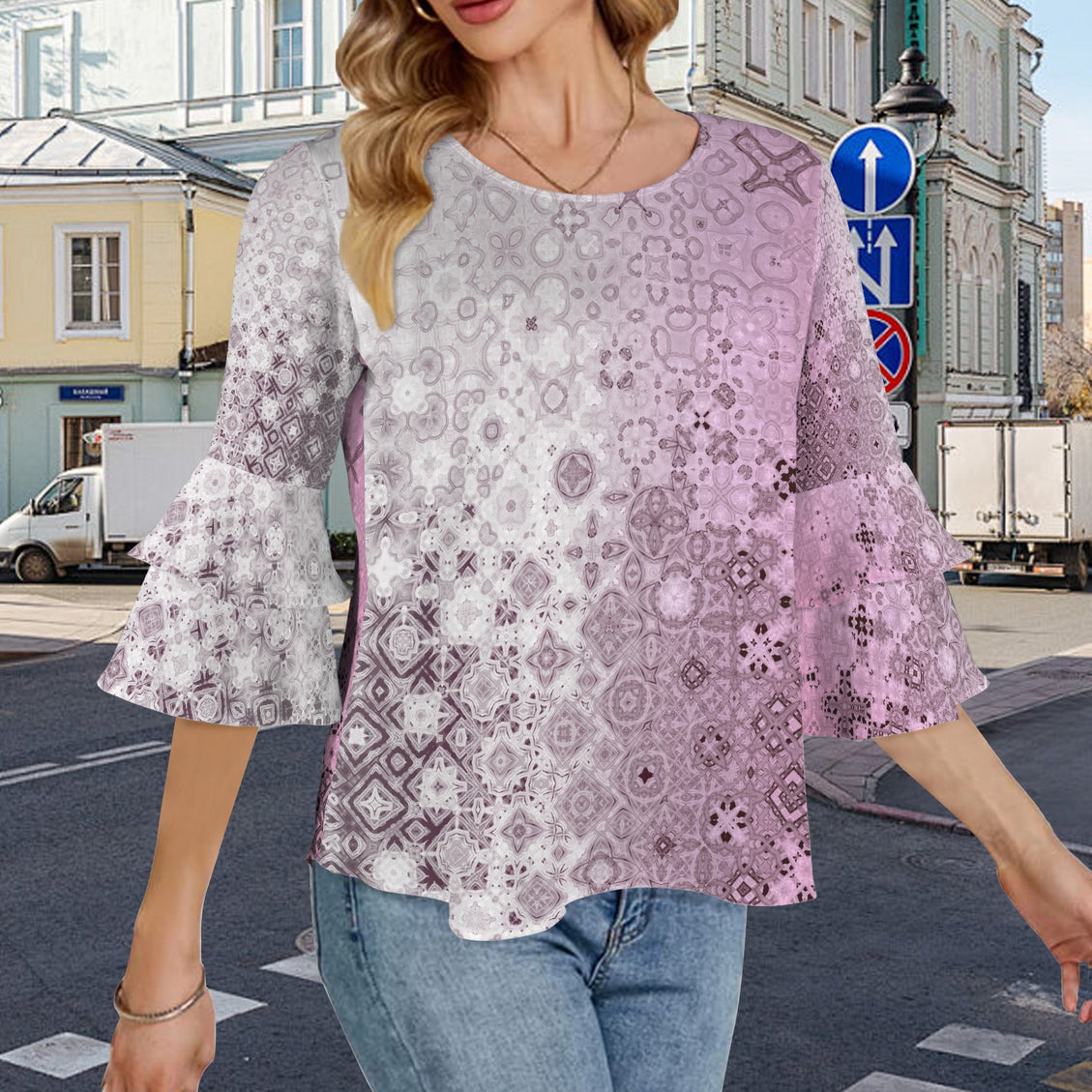 Layered Flare Sleeve Blouse Pink Glass Ombre