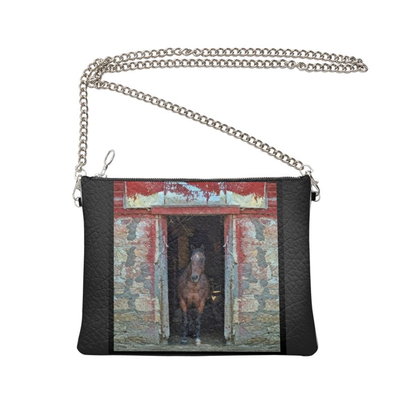 Horse in Red Barn by JVH.  Crossbody Bag.