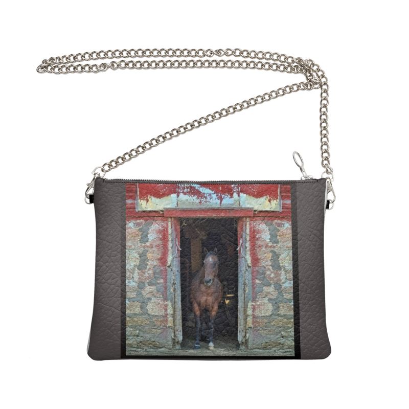 Horse in Red Barn by JVH Crossbody Bag Grey