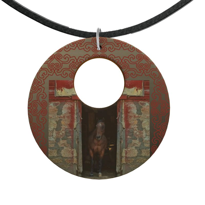 Horse in Red Barn by JVH Open Circle Wood Necklace