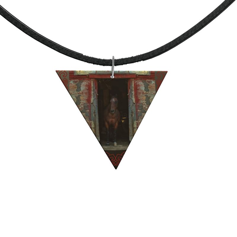 Horse in Red Barn by JVH Inverted Triangle Wood Necklace
