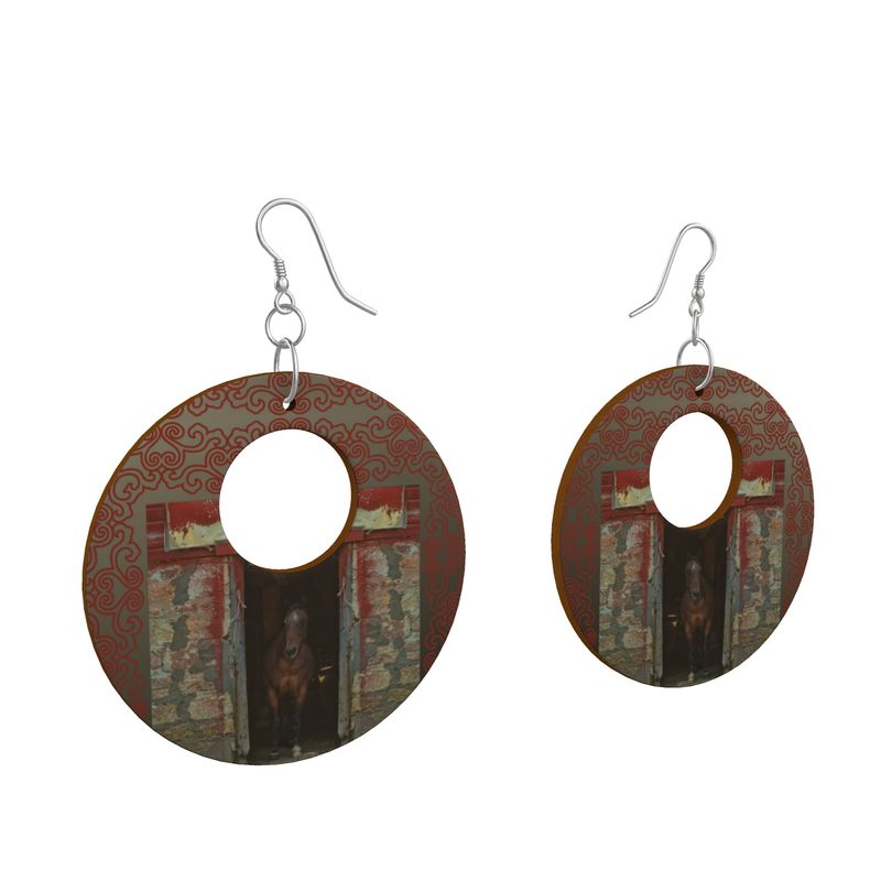 Horse in Red Barn by JVH Open Circle Wood Earrings