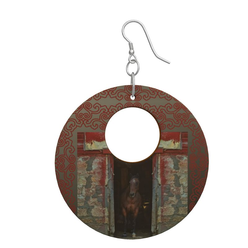 Horse in Red Barn by JVH Open Circle Wood Earrings