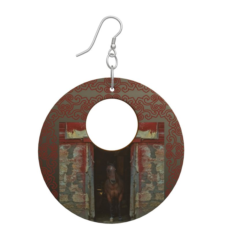 Horse in Red Barn by JVH Open Circle Wood Earrings