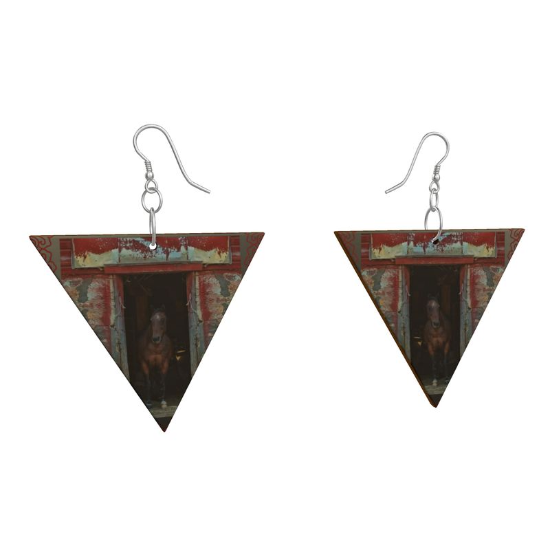 Horse in Red Barn by JVH Inverted Triangle Wood Earrings