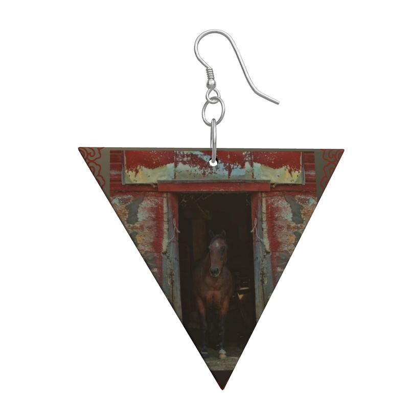 Horse in Red Barn by JVH Inverted Triangle Wood Earrings