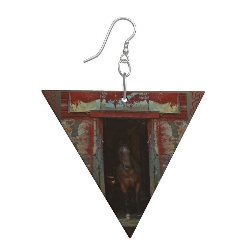 Horse in Red Barn by JVH Inverted Triangle Wood Earrings