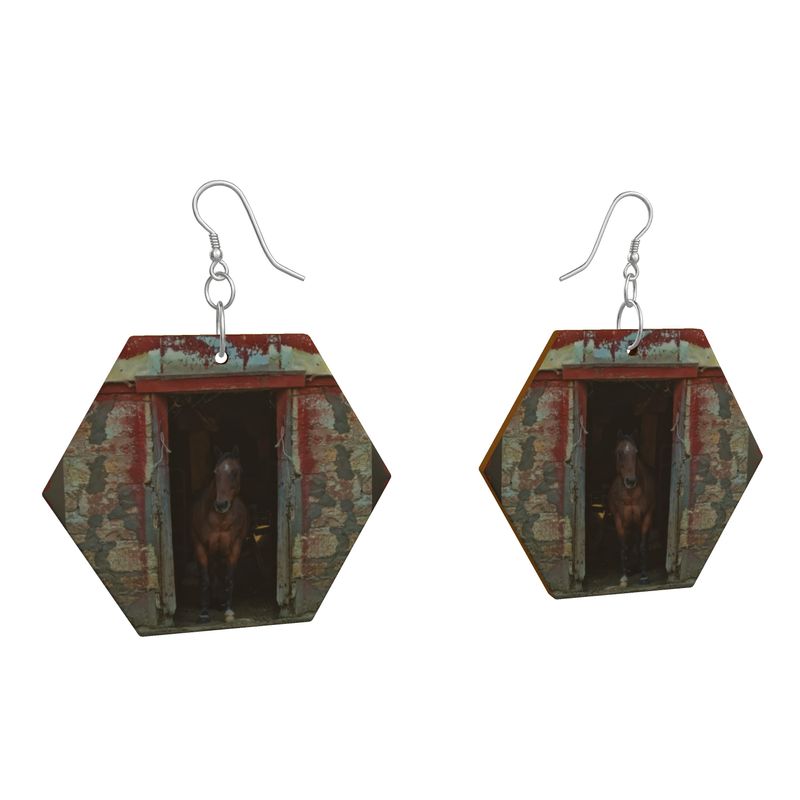 Horse in Red Barn by JVH Hexagon Wood Earrings