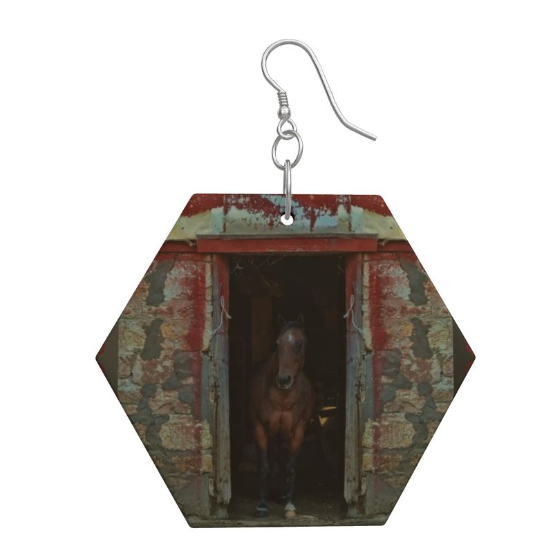 Horse in Red Barn by JVH Hexagon Wood Earrings