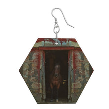 Charger l&#39;image dans la galerie, Horse in Red Barn by JVH Hexagon Wood Earrings
