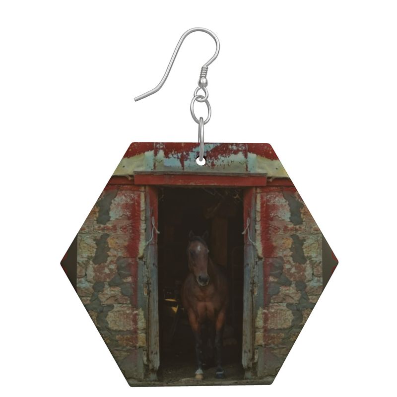 Horse in Red Barn by JVH Hexagon Wood Earrings
