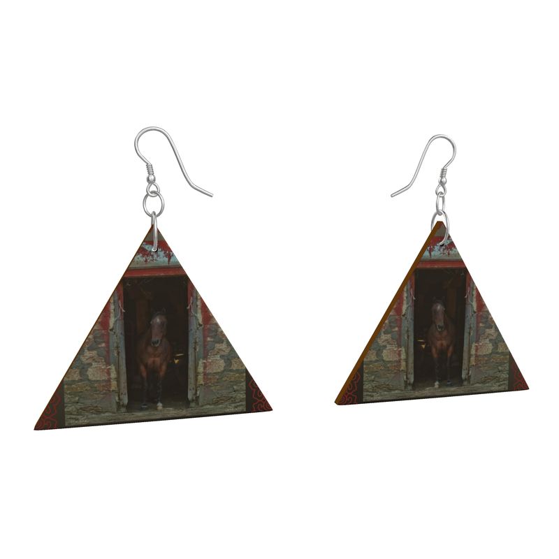 Horse in Red Barn by JVH Triangle Wood Earrings