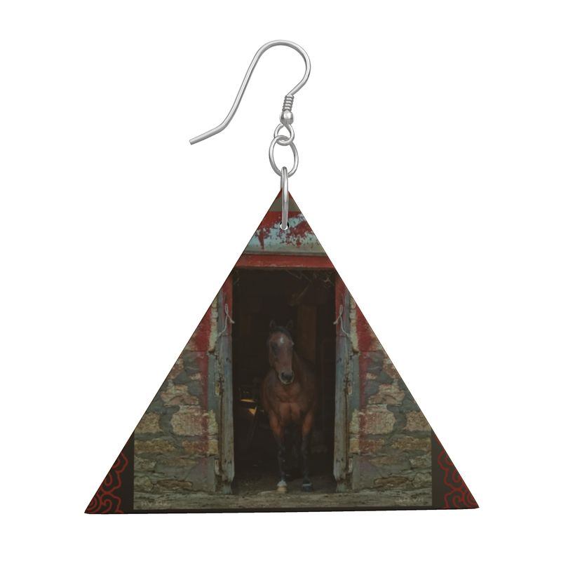 Horse in Red Barn by JVH Triangle Wood Earrings