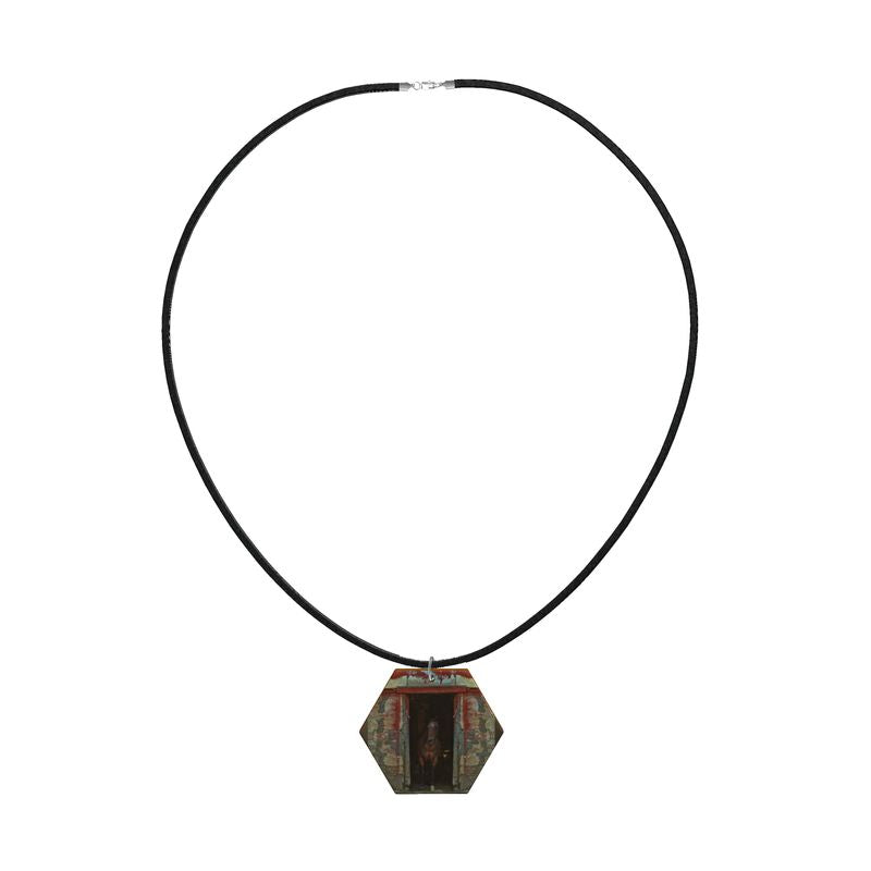 Horse in Red Barn by JVH Hexagon Wood Necklace