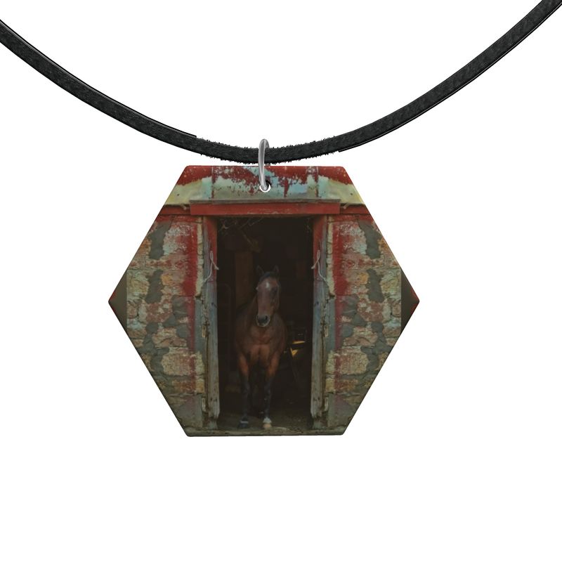 Horse in Red Barn by JVH Hexagon Wood Necklace