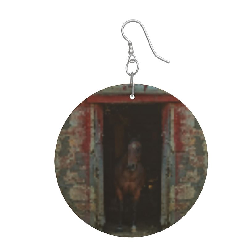 Horse in Red Barn by JVH Round Wood Earrings