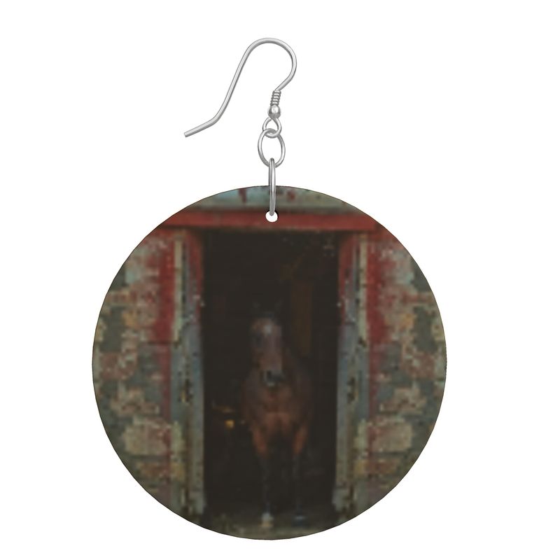 Horse in Red Barn by JVH Round Wood Earrings