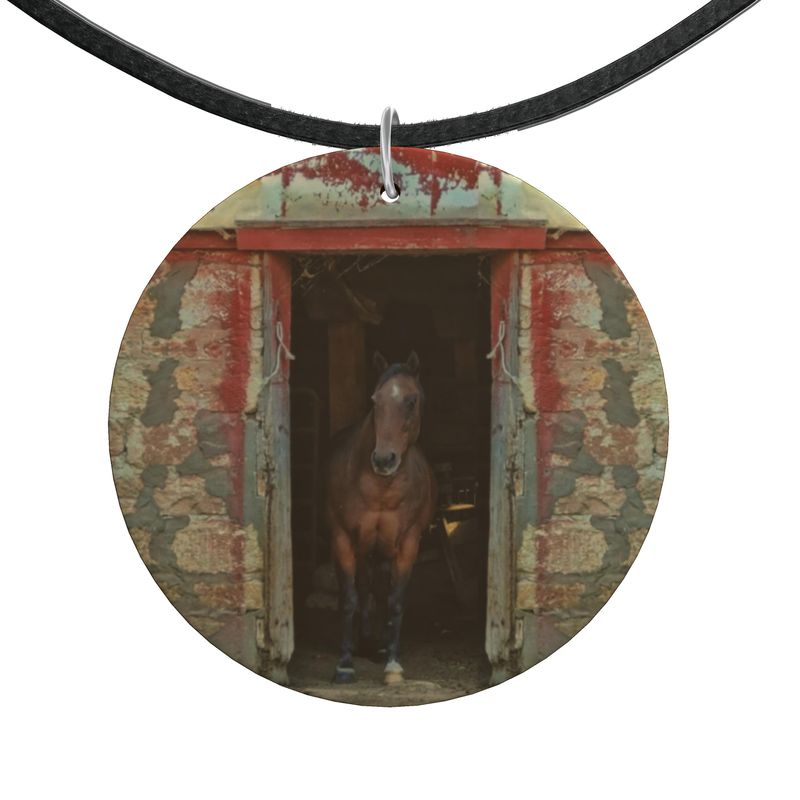 Horse in Red Barn by JVH Round Wood Necklace