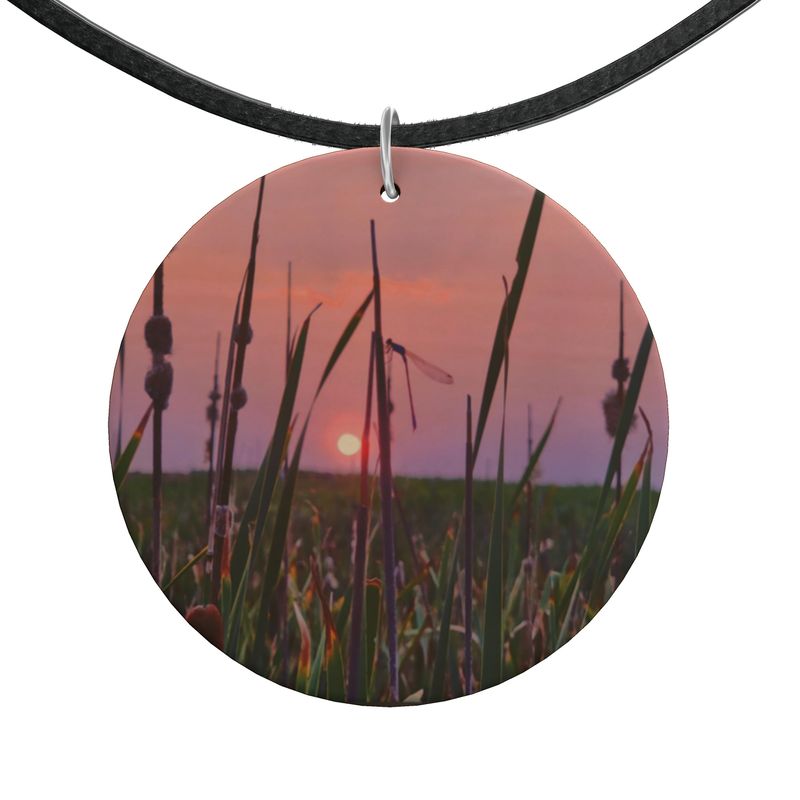 Dragonfly Sunset Round Wood Necklace