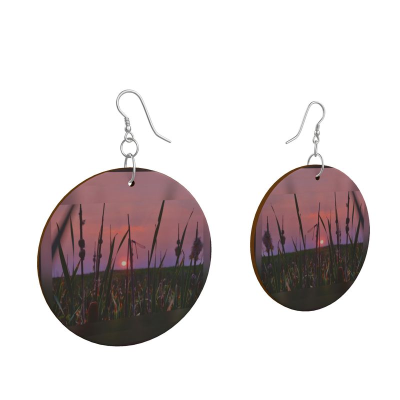 Dragonfly Sunset Round Wooden Earrings