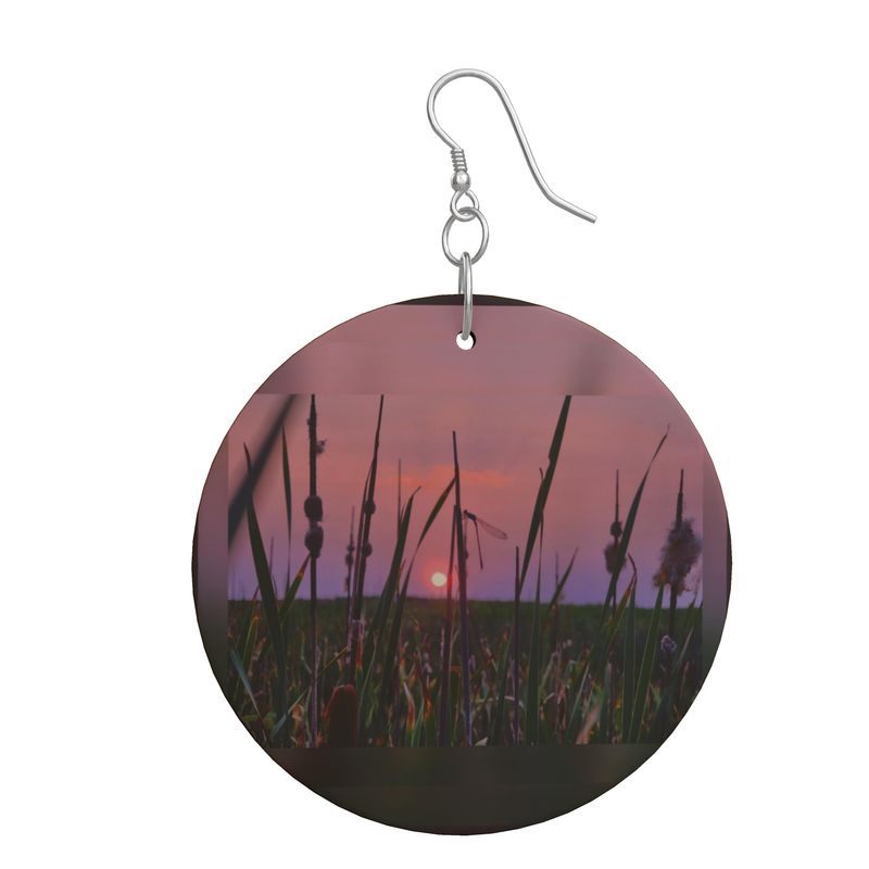 Dragonfly Sunset Round Wooden Earrings