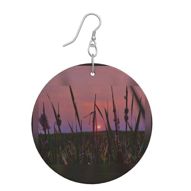 Dragonfly Sunset Round Wooden Earrings
