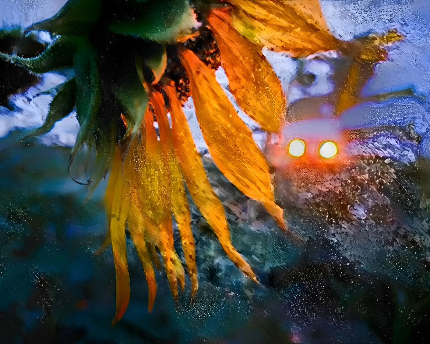 Sunflower in Headlights.  Canvas 30" x 24"