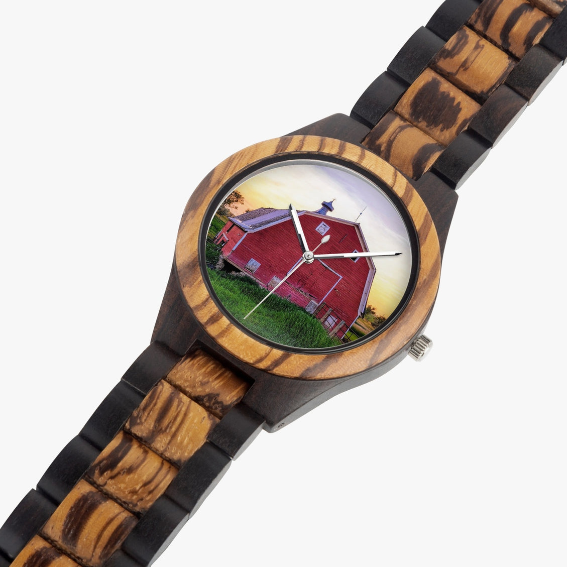 Wooden Watch Indian Ebony Red Barn at Sunset
