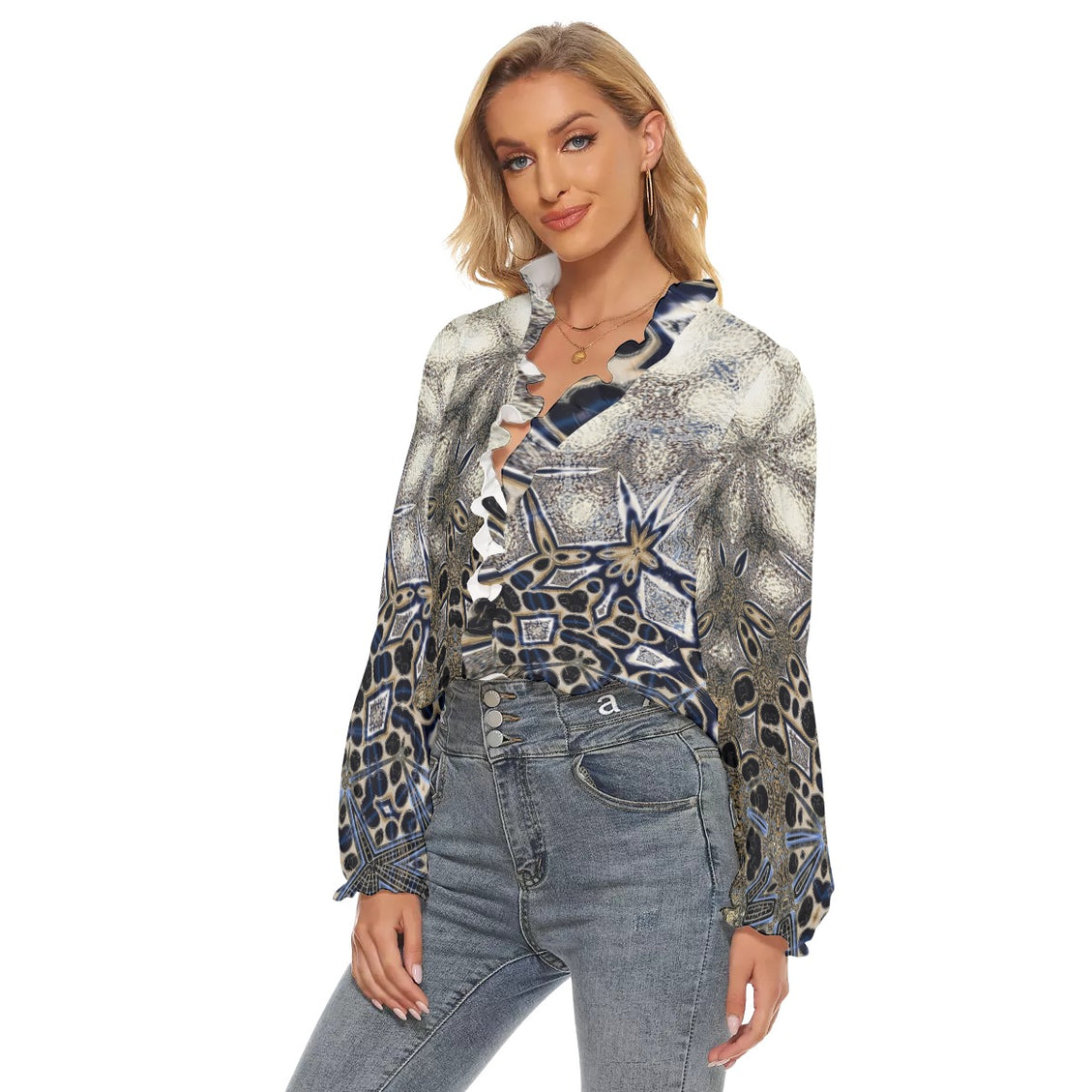 Pleated Collar V-neck Shirt Gold Gray Abstract